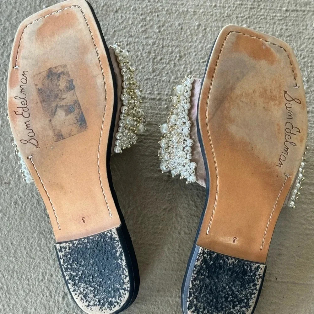Sam Edelman Elijah Sandal Pearl Embellished Flat Pale Eggshell Slides Size 8 - Picture 9 of 11